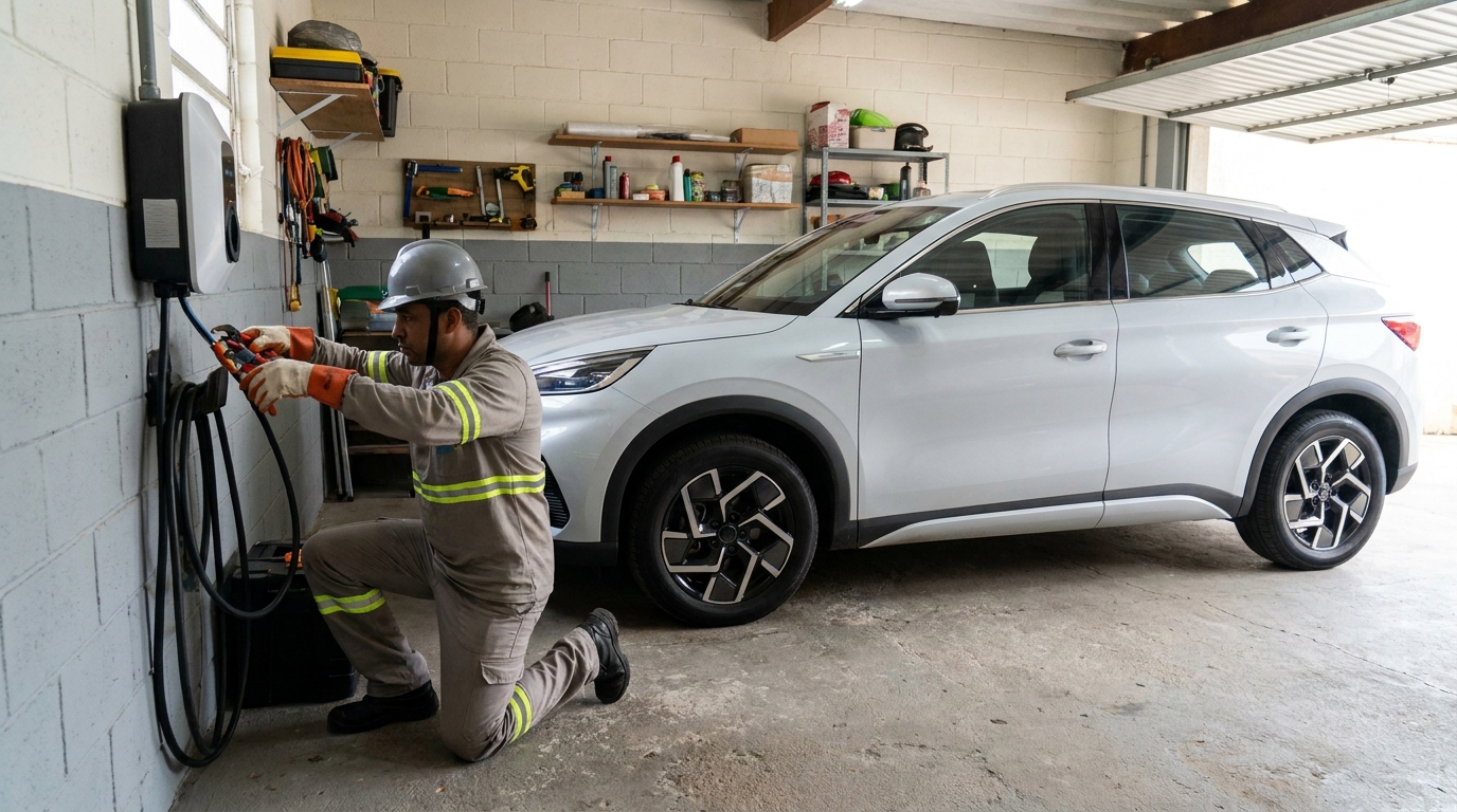 Eletricista instalando carregador de carro eletrico em Osasco‑SP