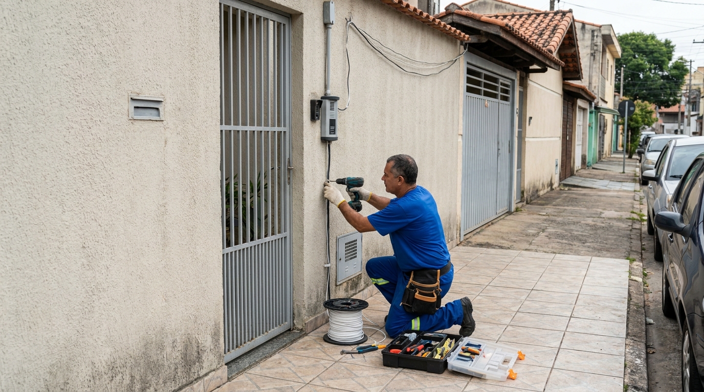 Eletricista instalando interfone em Osasco‑SP